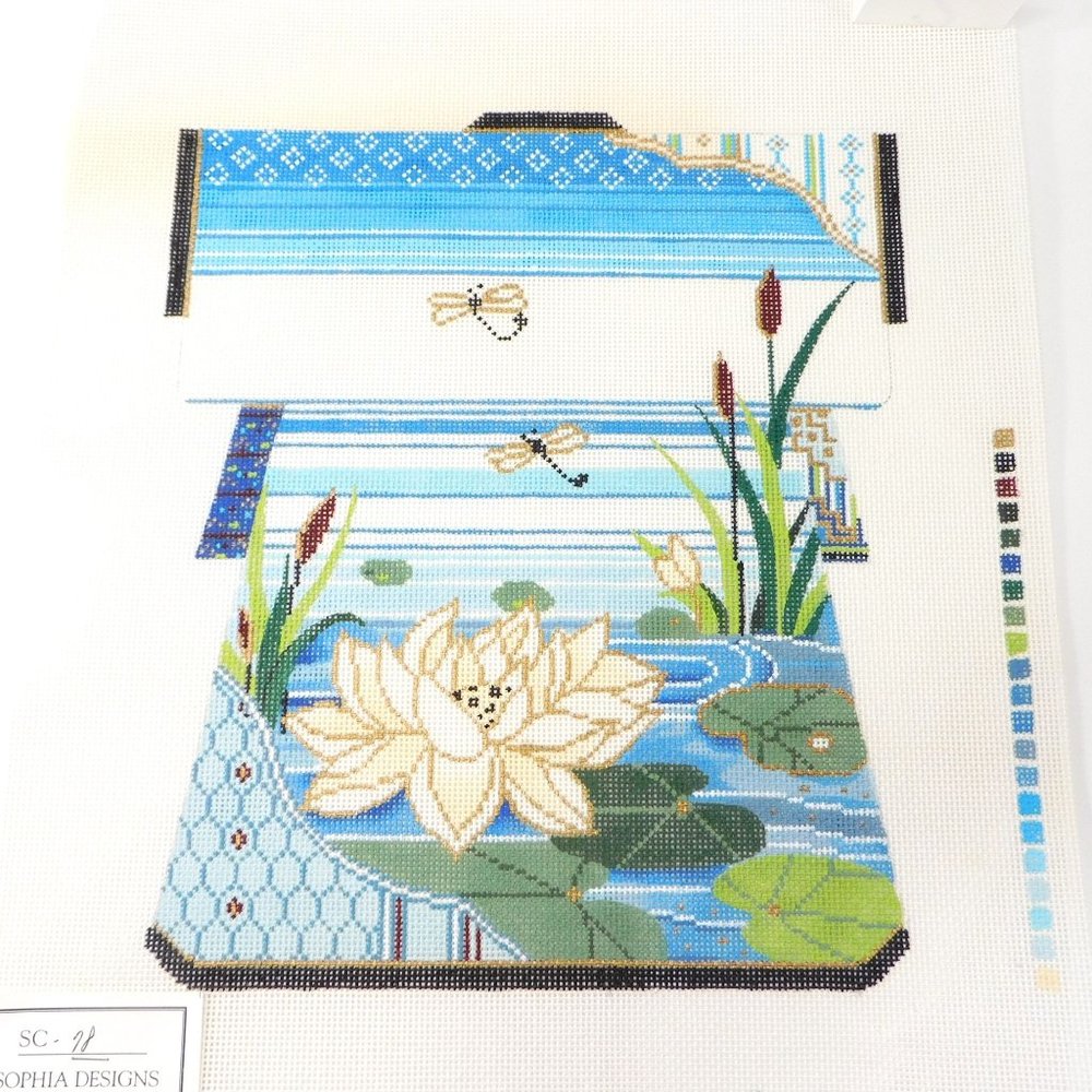 Sophia Large Water Lily Dragonfly Kimono Needlepoint Canvas Hand Painted 18ct